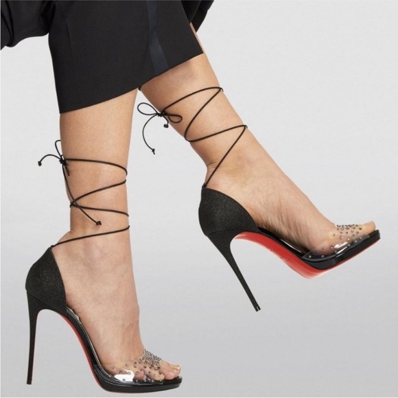 NEW Christian Louboutin Degratina Black Glitter Rhinestone PVC Sandal Tie Heels - Picture 4 of 11